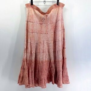 Vintage Metrowear Boho Tiered Midi Skirt Pink Peach Tie Dye Cotton Fairycore